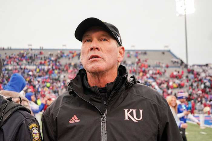 Oct 28, 2023; Lawrence, Kansas, USA; Kansas Jayhawks head coach Lance Leipold walks on the field after the win over the Oklahoma Sooners at David Booth Kansas Memorial Stadium.